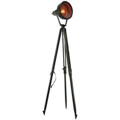 Green Metal Vintage Industrial Clear Glass Wooden Tripod Spot Light Floor Lamp