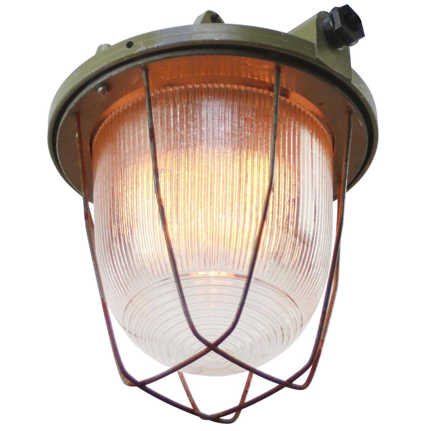 Polish Green Metal Vintage Industrial Holophane Glass Pendant Lamps