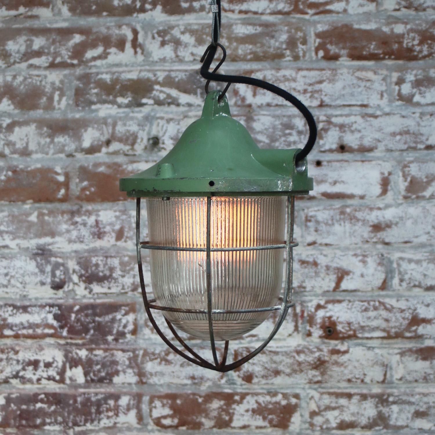 Cast Green Metal Vintage Industrial Holophane Glass Pendant Lamps