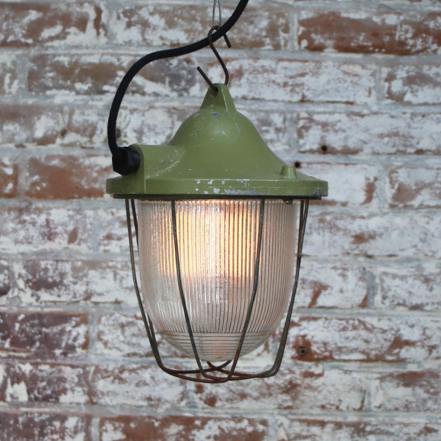 Cast Green Metal Vintage Industrial Holophane Glass Pendant Lamps