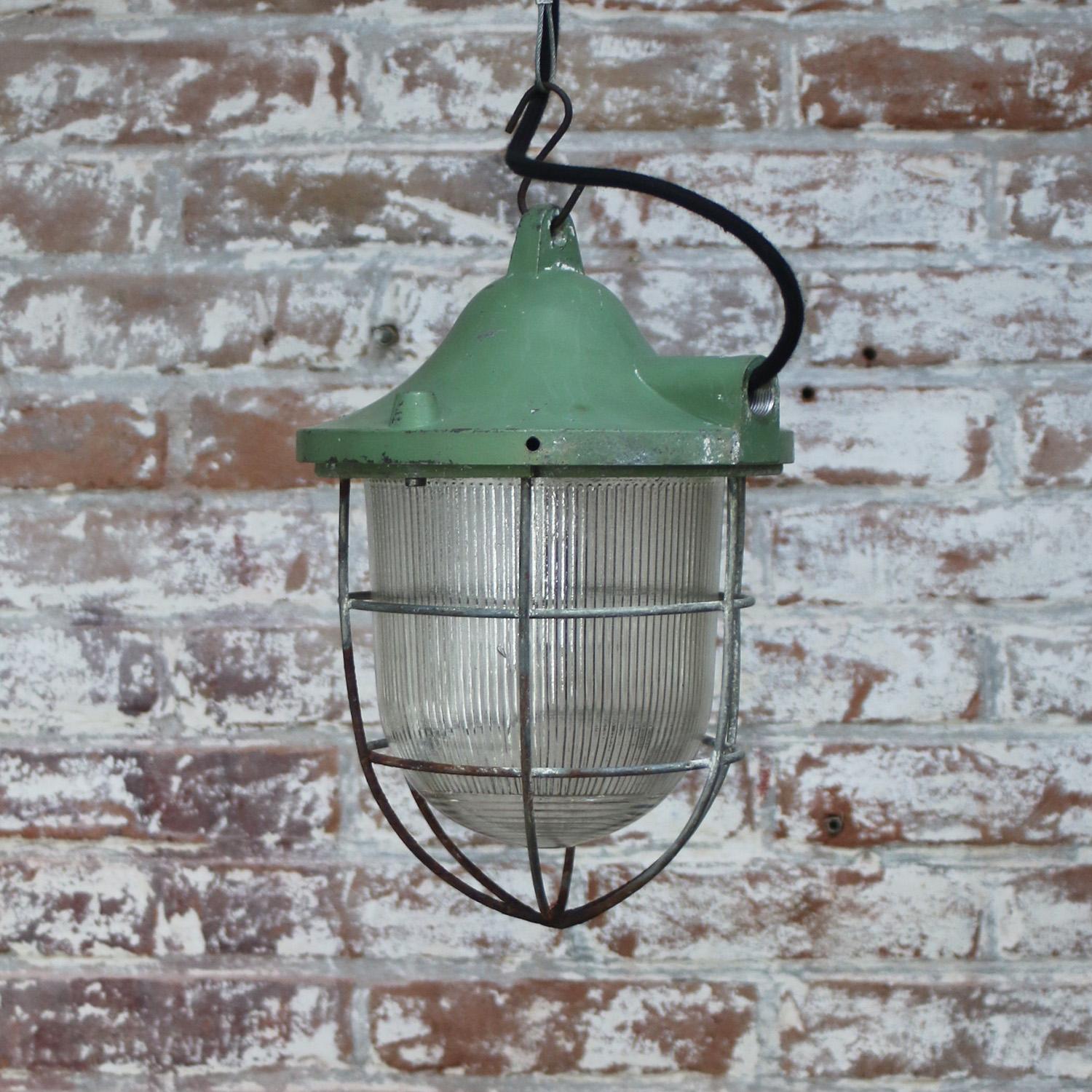 Green Metal Vintage Industrial Holophane Glass Pendant Lamps In Good Condition In Amsterdam, NL