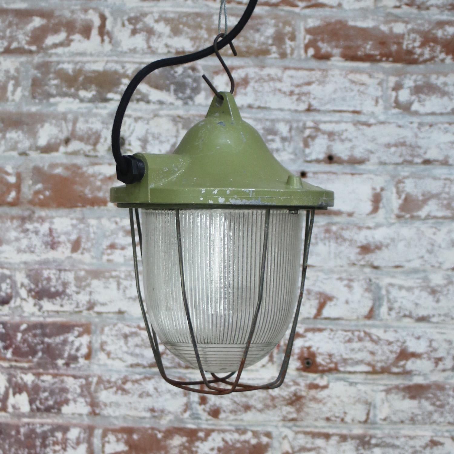Green Metal Vintage Industrial Holophane Glass Pendant Lamps In Good Condition In Amsterdam, NL