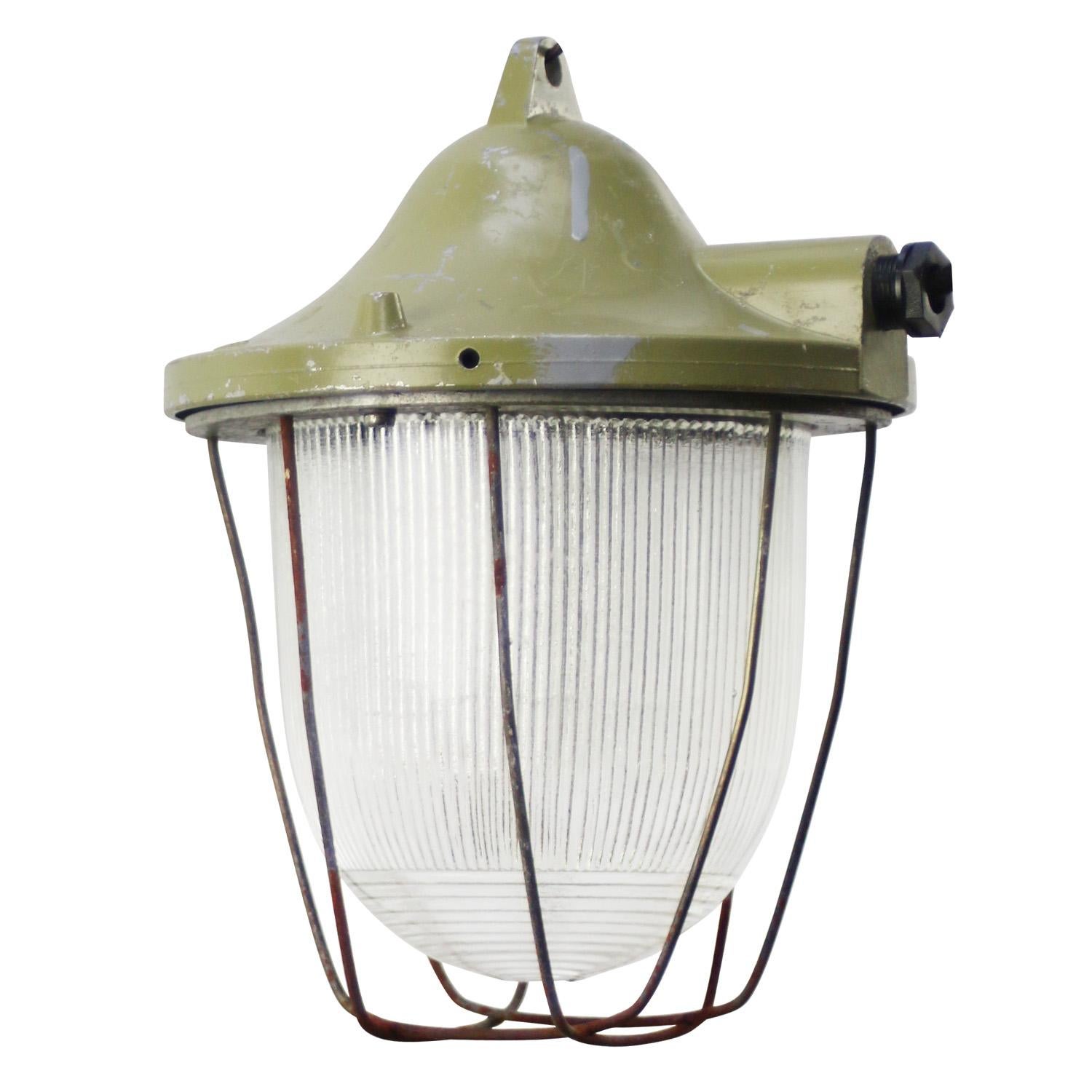 20th Century Green Metal Vintage Industrial Holophane Glass Pendant Lamps