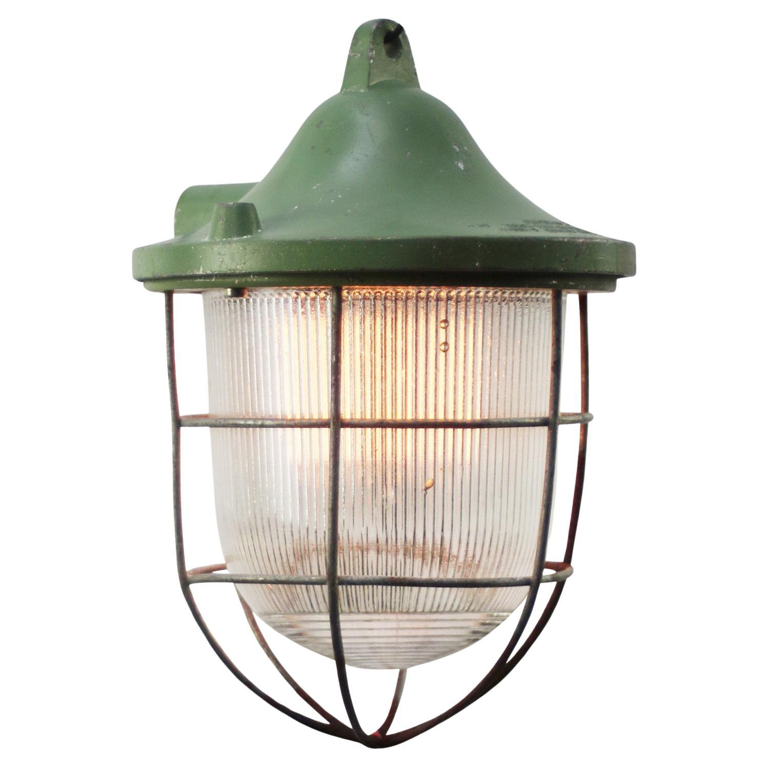 Green Metal Vintage Industrial Holophane Glass Pendant Lamps