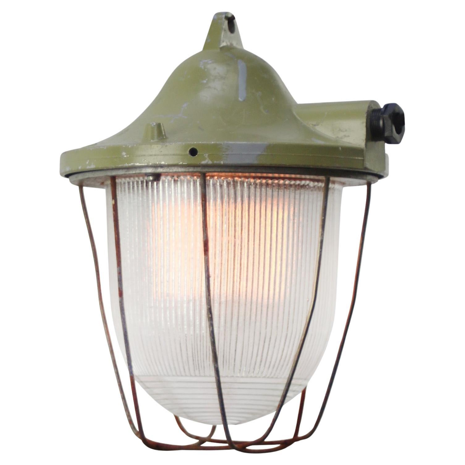 Green Metal Vintage Industrial Holophane Glass Pendant Lamps