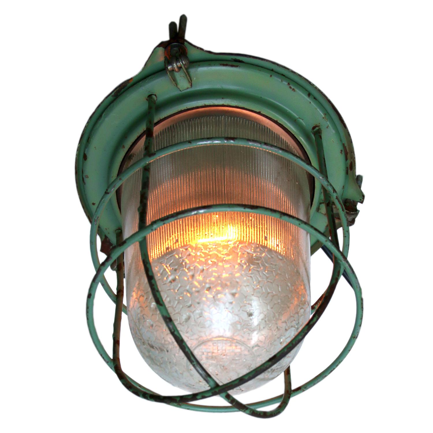Czech Green Metal Vintage Industrial Holophane Glass Pendant Light