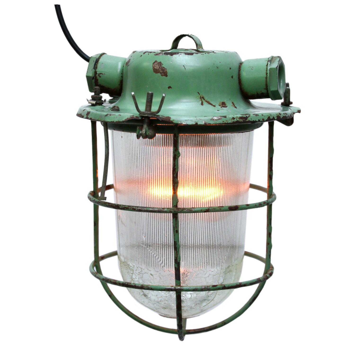 Green Metal Vintage Industrial Holophane Glass Pendant Light In Good Condition In Amsterdam, NL