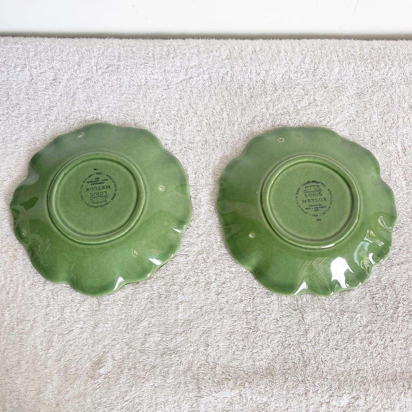 Enhance your dining experience with this exceptional pair of vintage green Metlox Poppytrail Lotus plates. The vibrant green hue adds a pop of color to your table, while the timeless design exudes vintage charm.

Exceptional pair of vintage green