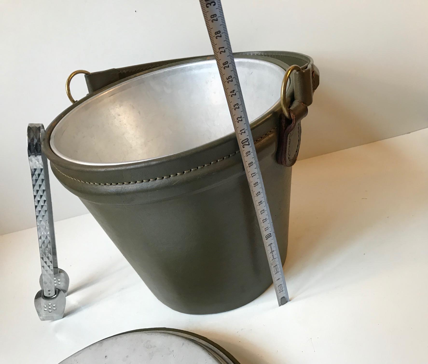 Green Midcentury Leather Ice Bucket or Cooler with Tong, 1960s 4