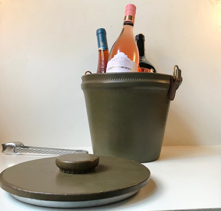 Green Midcentury Leather Ice Bucket or Cooler with Tong, 1960s For Sale