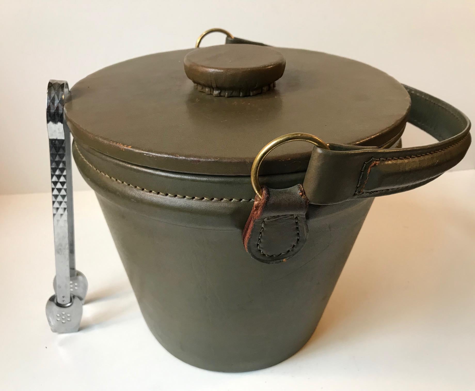 Finnish Green Midcentury Leather Ice Bucket or Cooler with Tong, 1960s