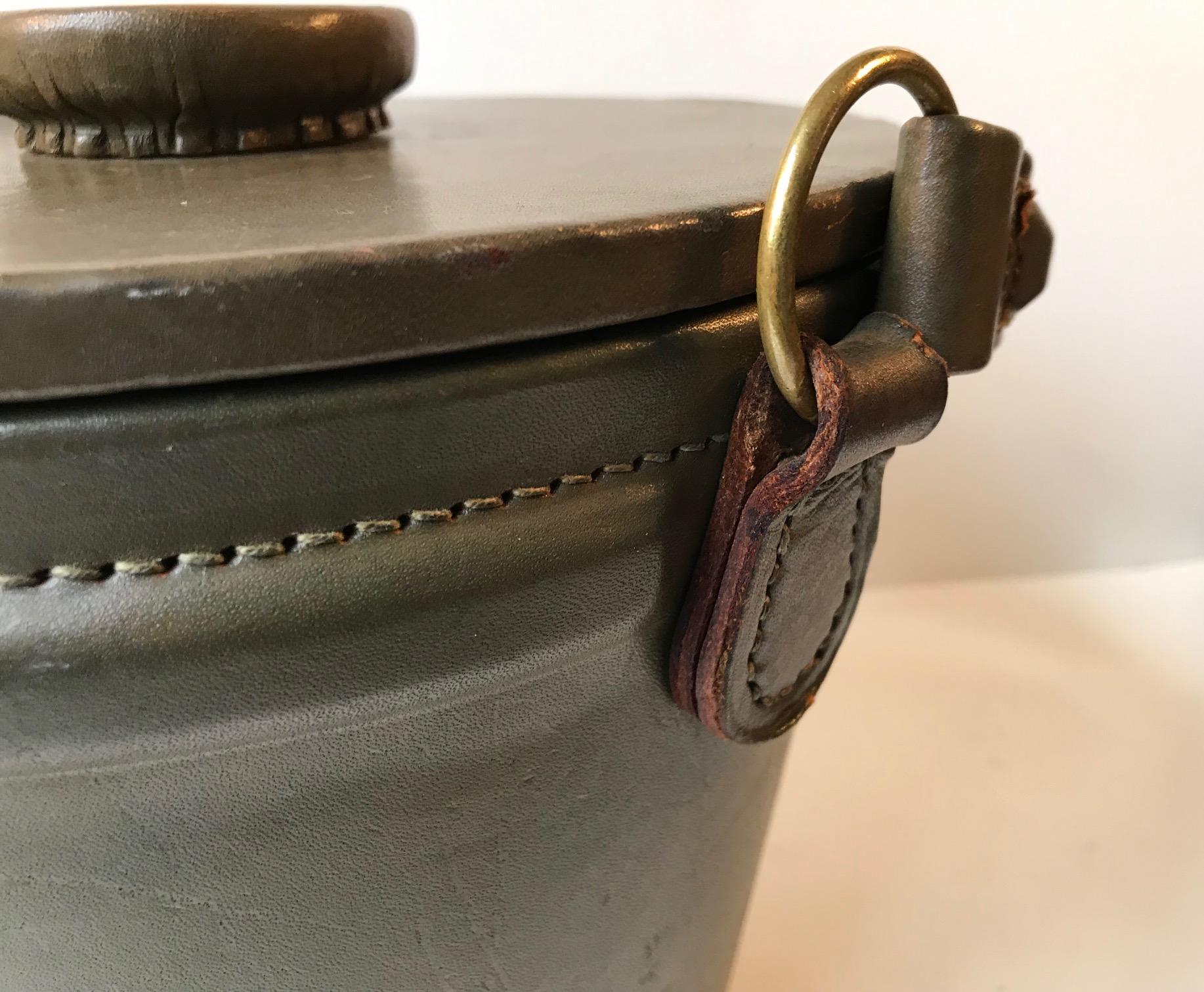 Green Midcentury Leather Ice Bucket or Cooler with Tong, 1960s In Good Condition In Esbjerg, DK
