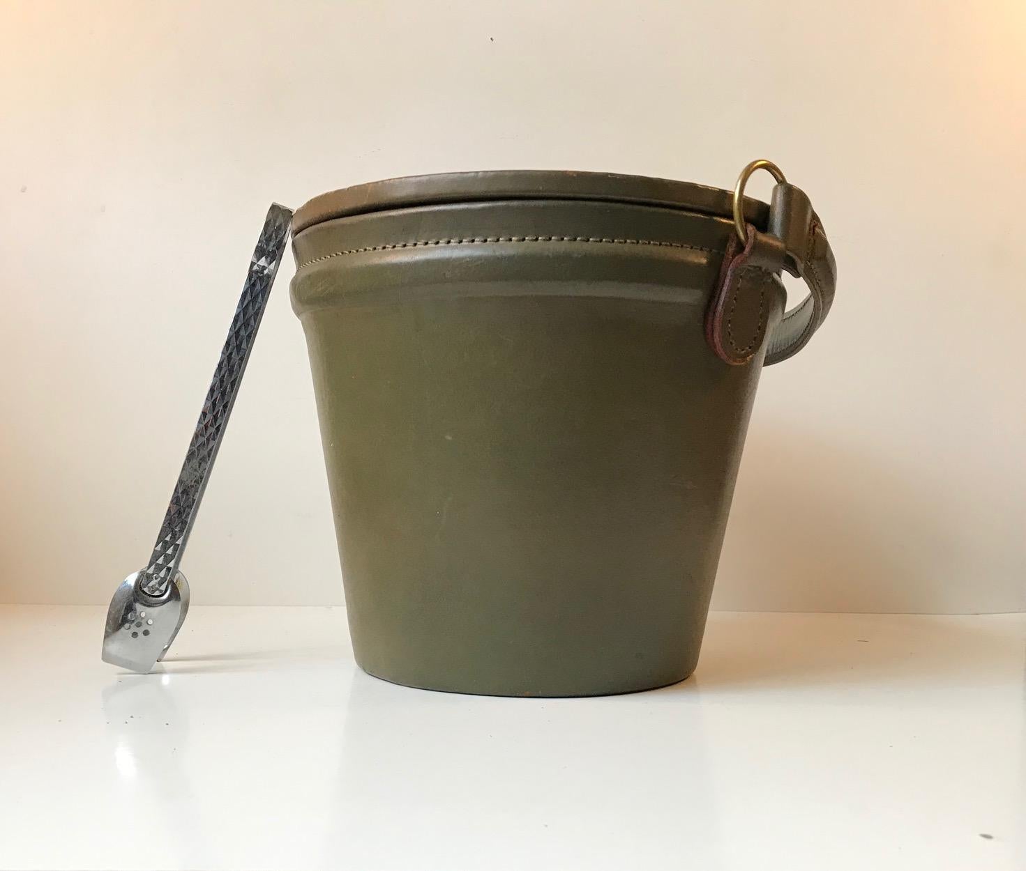 Mid-20th Century Green Midcentury Leather Ice Bucket or Cooler with Tong, 1960s