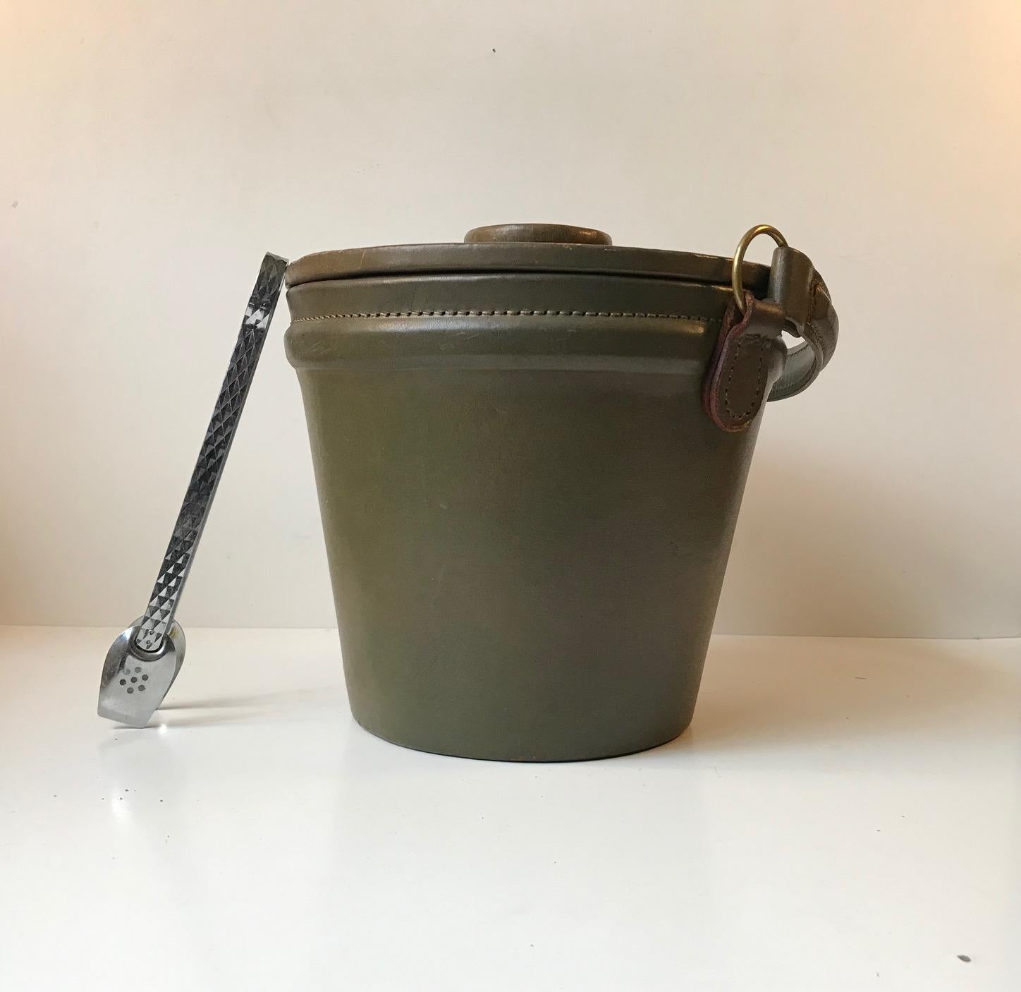 Aluminum Green Midcentury Leather Ice Bucket or Cooler with Tong, 1960s