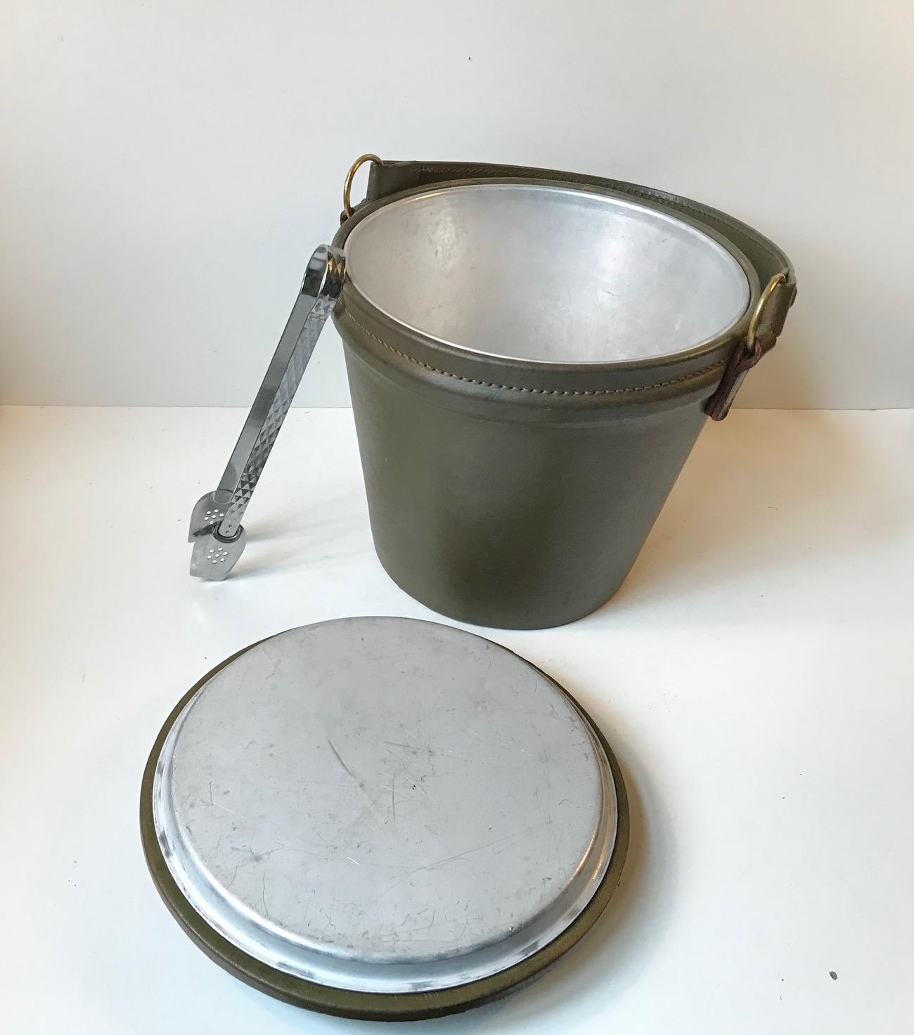 Green Midcentury Leather Ice Bucket or Cooler with Tong, 1960s 1