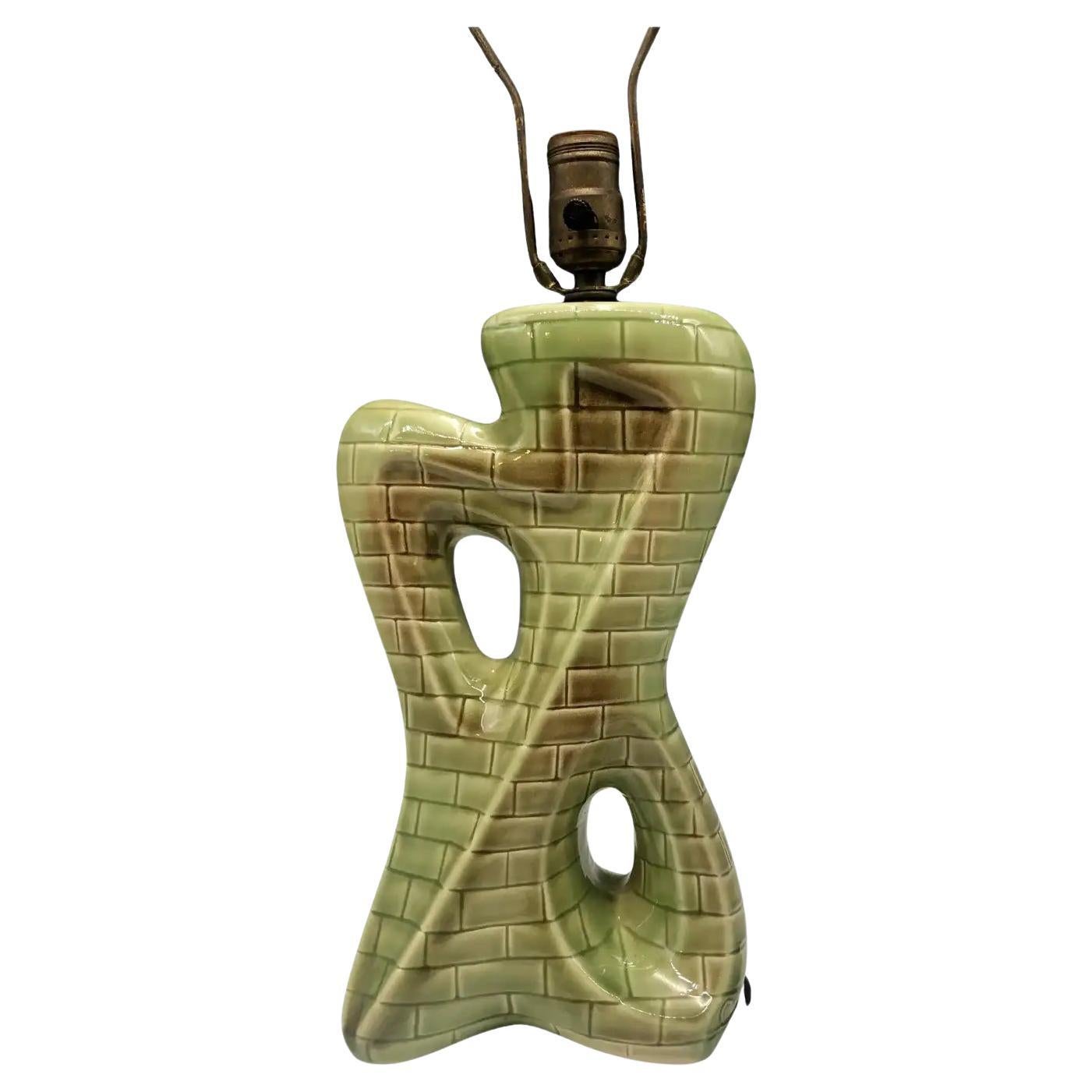 Green Mid-Century Modern Geometric Abstract Ceramic Table Lamp with Brick Motif
