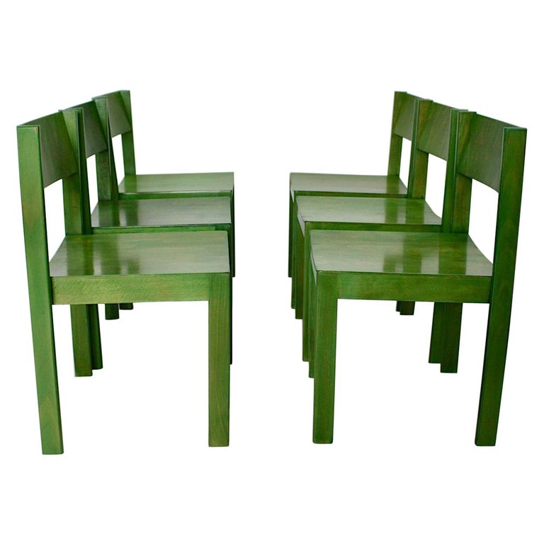 Green Mid-Century Modern Six Vintage Dining Chairs, 1950s, Vienna, Austria For Sale