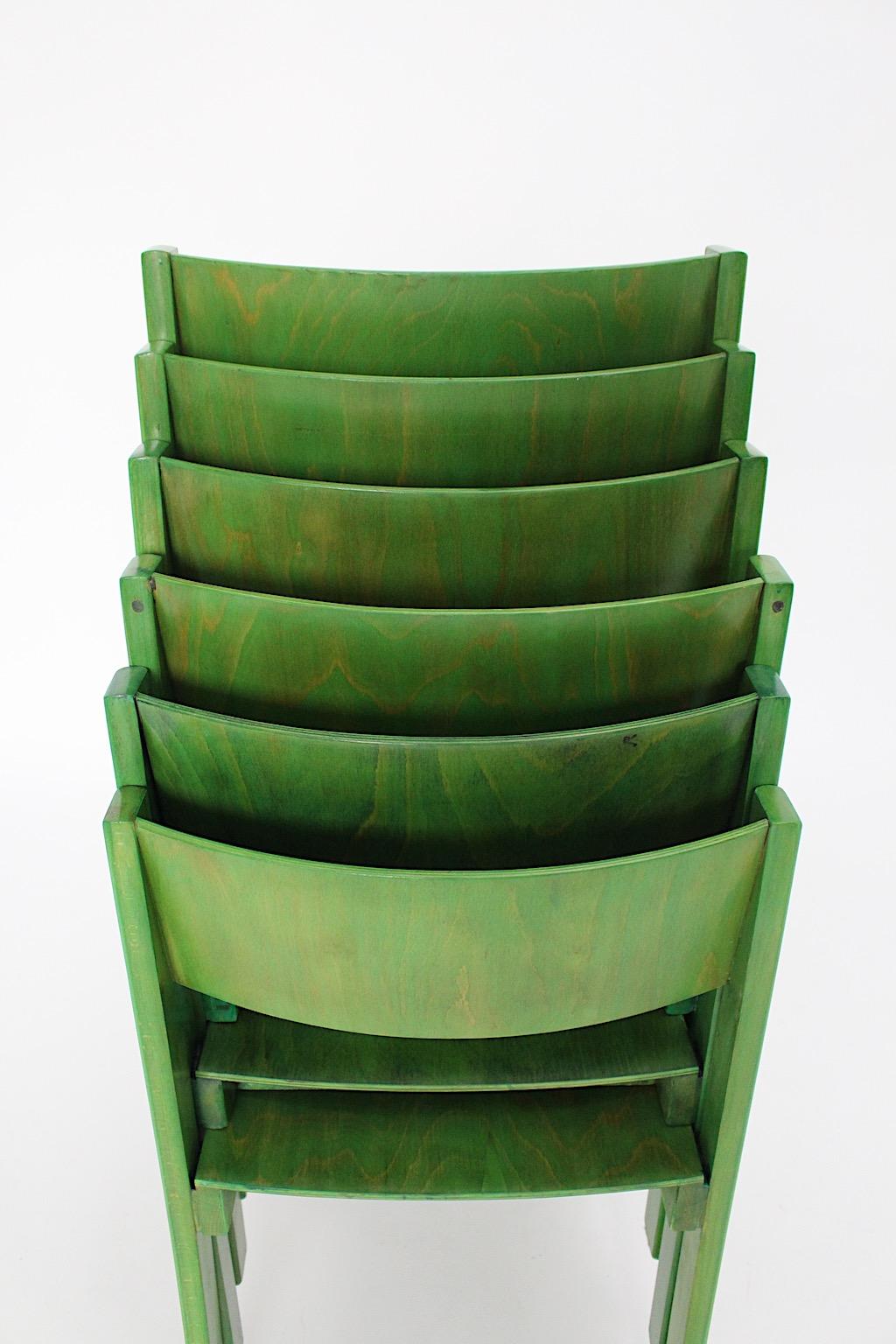 Green Mid-Century Modern Six Vintage Dining Chairs, 1950s, Vienna, Austria For Sale 7