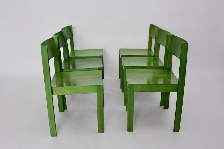 Mid-Century Modern set of six green vintage dining chairs or chairs, which were designed and manufactured in Vienna, Austria, 1950s.
The stable and comfortable dining chairs stand out through its beautiful green color and are perfect for anyone,