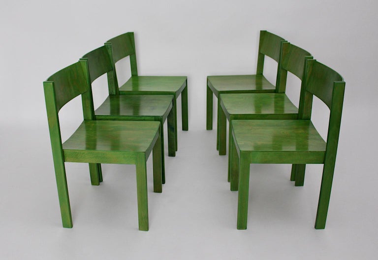 Austrian Green Mid-Century Modern Six Vintage Dining Chairs, 1950s, Vienna, Austria For Sale