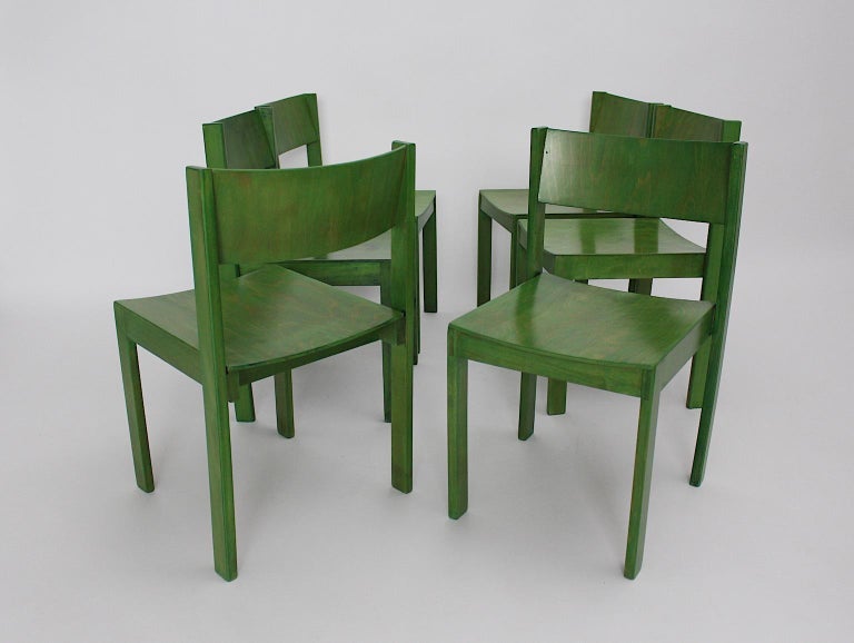 Plywood Green Mid-Century Modern Six Vintage Dining Chairs, 1950s, Vienna, Austria For Sale