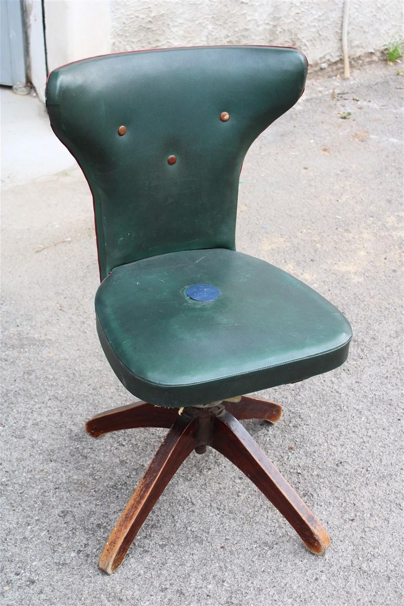 Faux Leather Green Mid Century Swivel Italian Chair Office Feet Wood Melchiorre Bega Style For Sale