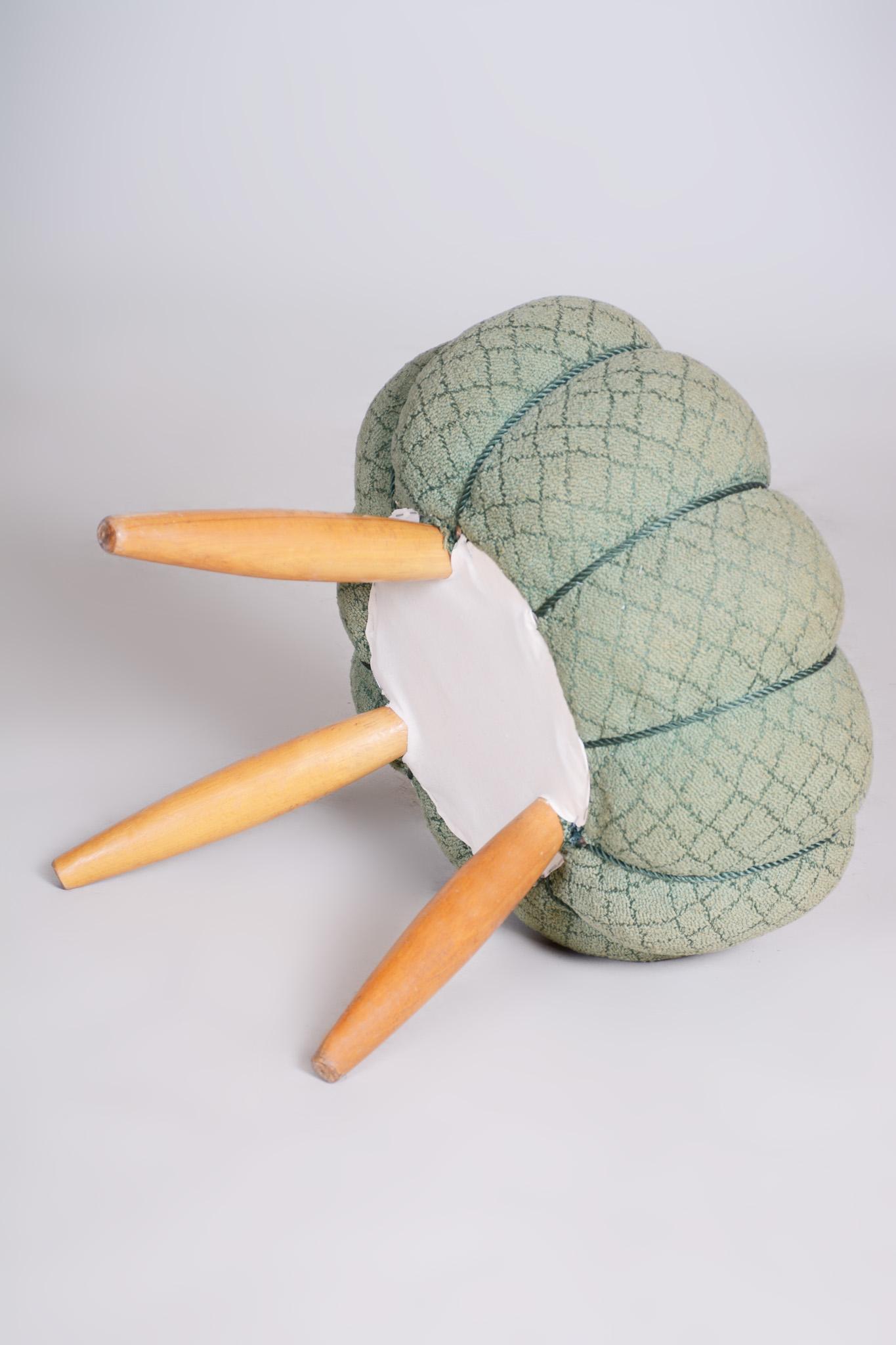 Fabric Green Midcentury Beech Stool, 1950s, Original Preserved Condition For Sale