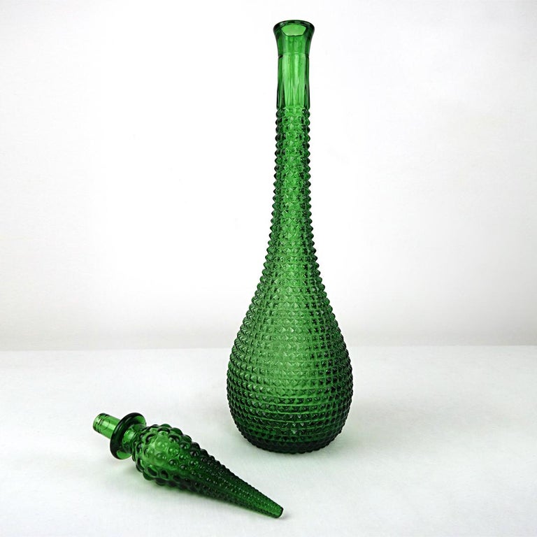 Green Midcentury Glass Genie Decanter with Stopper by Empoli In Good Condition For Sale In Doornspijk, NL