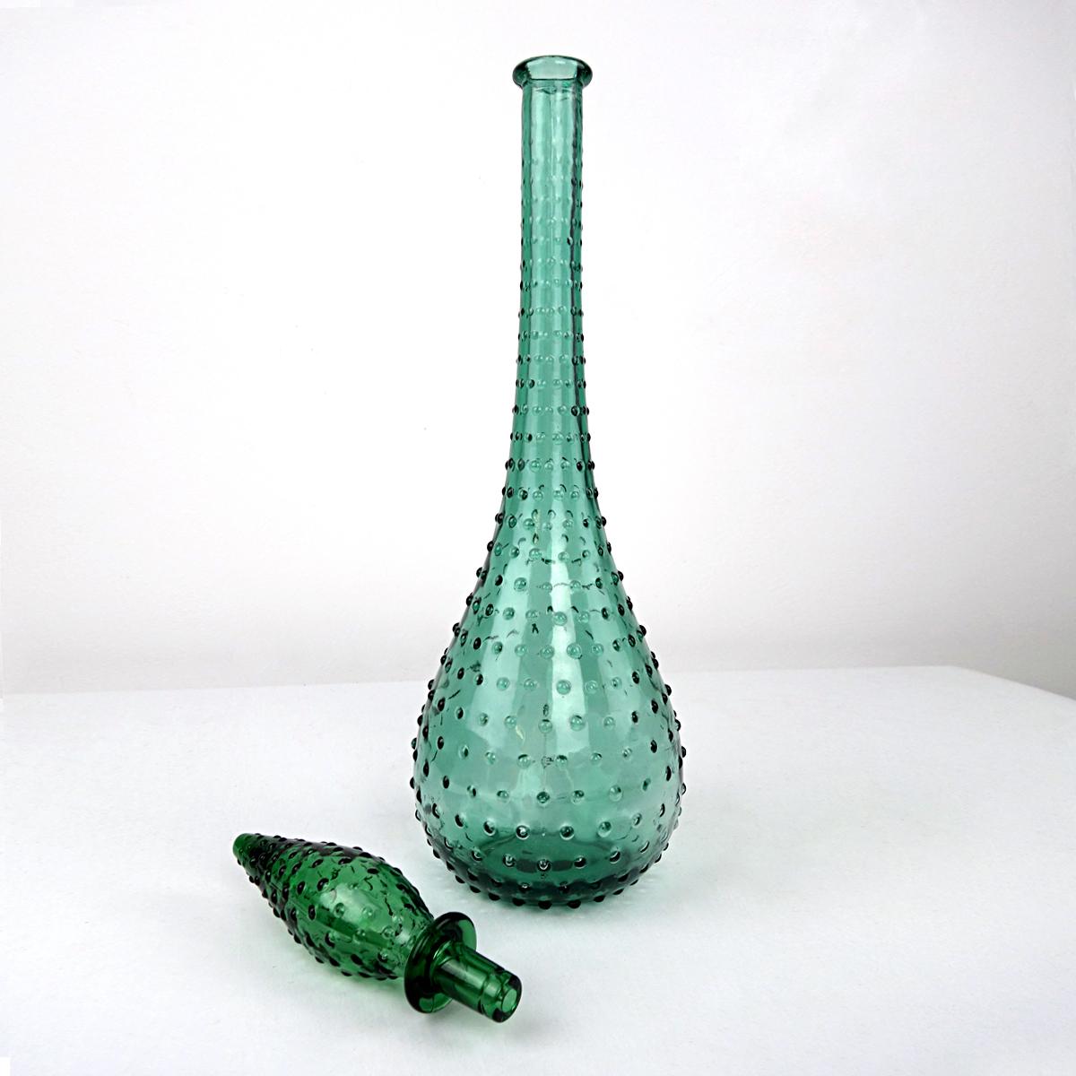 Mid-Century Modern Green Midcentury Glass Genie Decanter with Stopper by Empoli