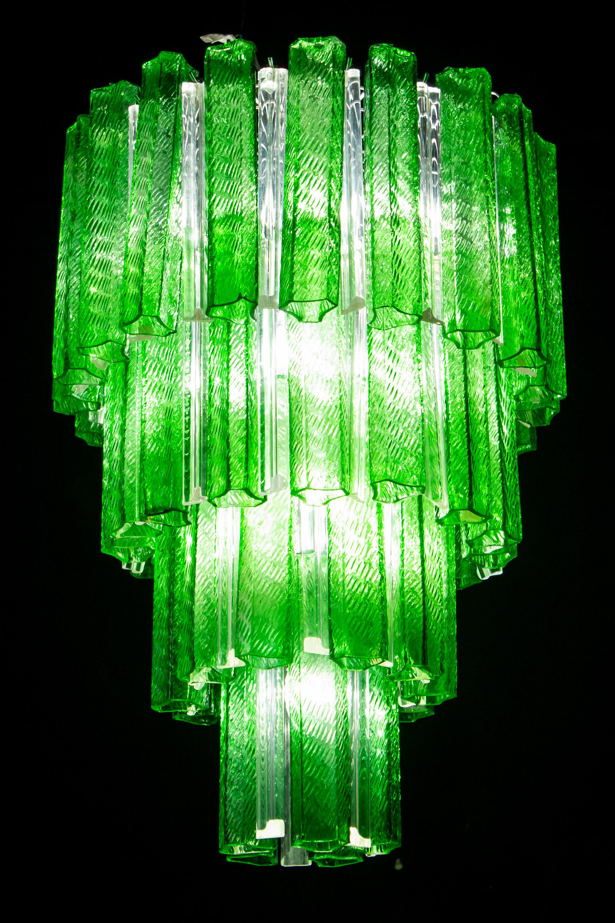 Green Midcentury Murano Glass Tronchi Four-Tier Chandelier, 1960 For Sale 7