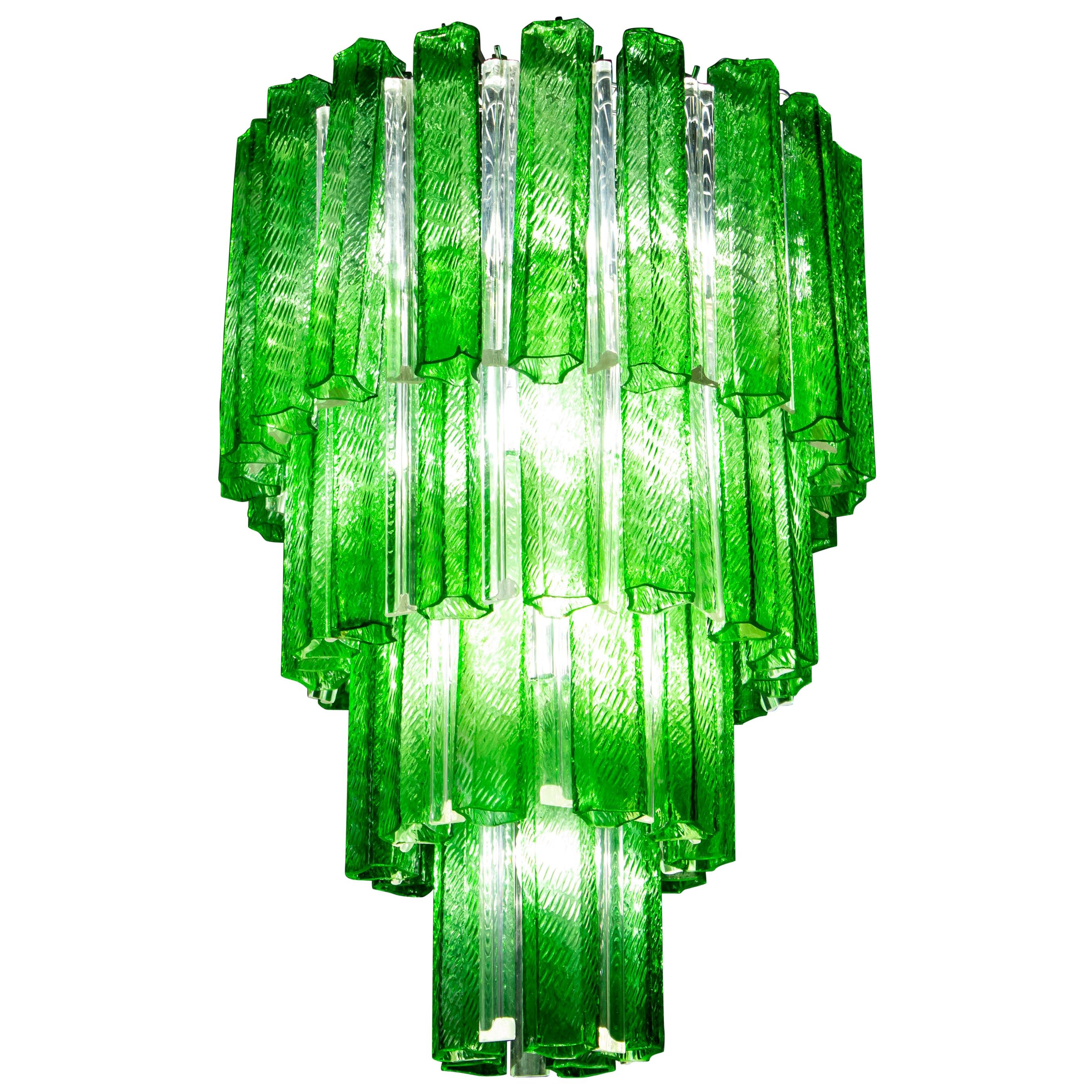 Green Midcentury Murano Glass Tronchi Four-Tier Chandelier, 1960