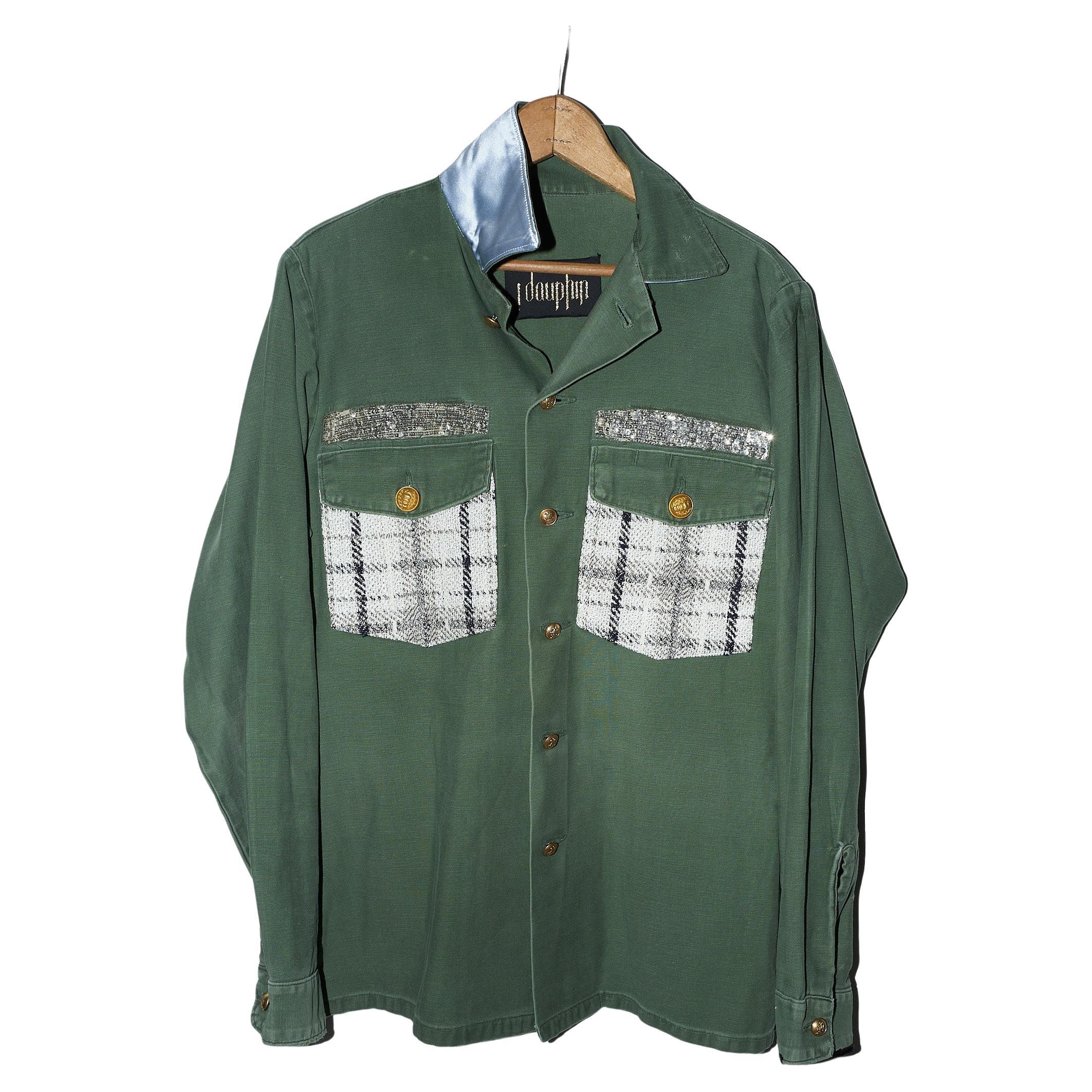 khaki green jacket with gold sequin sleeves