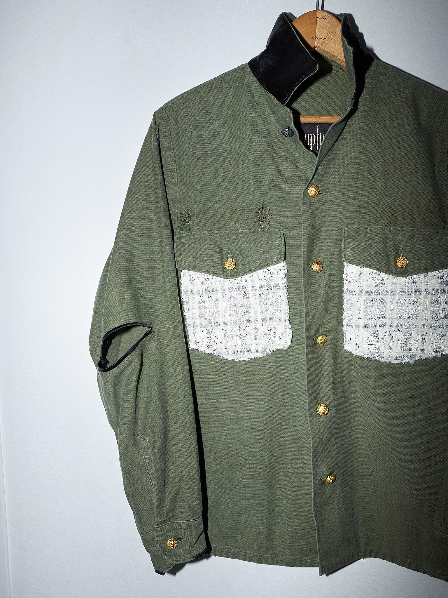 Designer J Dauphin  
Size: Medium
Repurposed Vintage Us Green Military Jacket with White Lurex Tweed Black Silk Collar and Open Elbow
French Vintage Military Army Gold Buttons

Size: M / FR 40 / EU 38 / UK 10

Sustainable Luxury, Up-cycled and