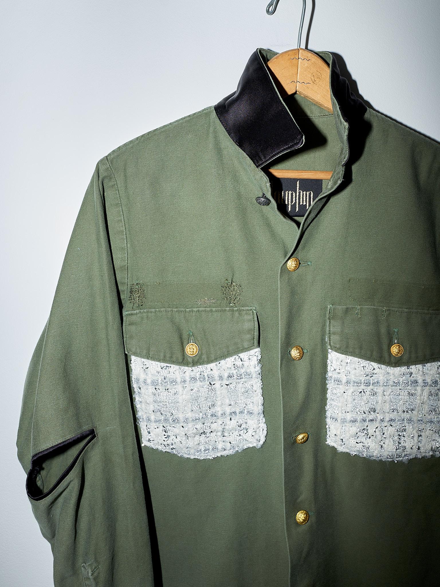 Black Green Military Jacket Lurex Tweed Gold Button J Dauphin