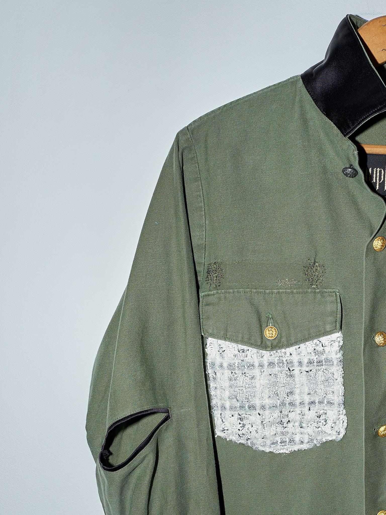Green Military Jacket Lurex Tweed Gold Button J Dauphin In New Condition In Los Angeles, CA