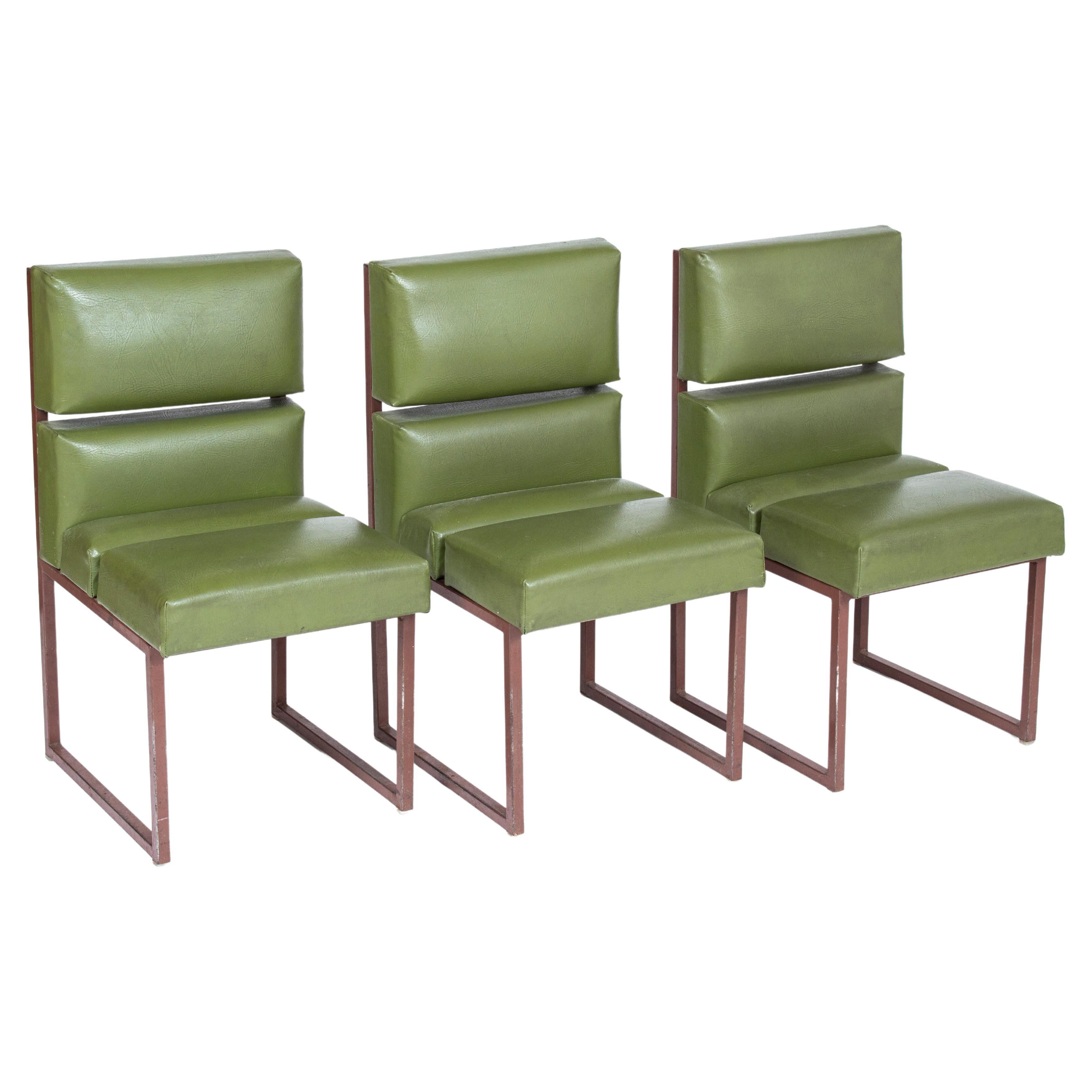 Green Minimalist Leather Chairs, 1970s '3 Pieces' For Sale