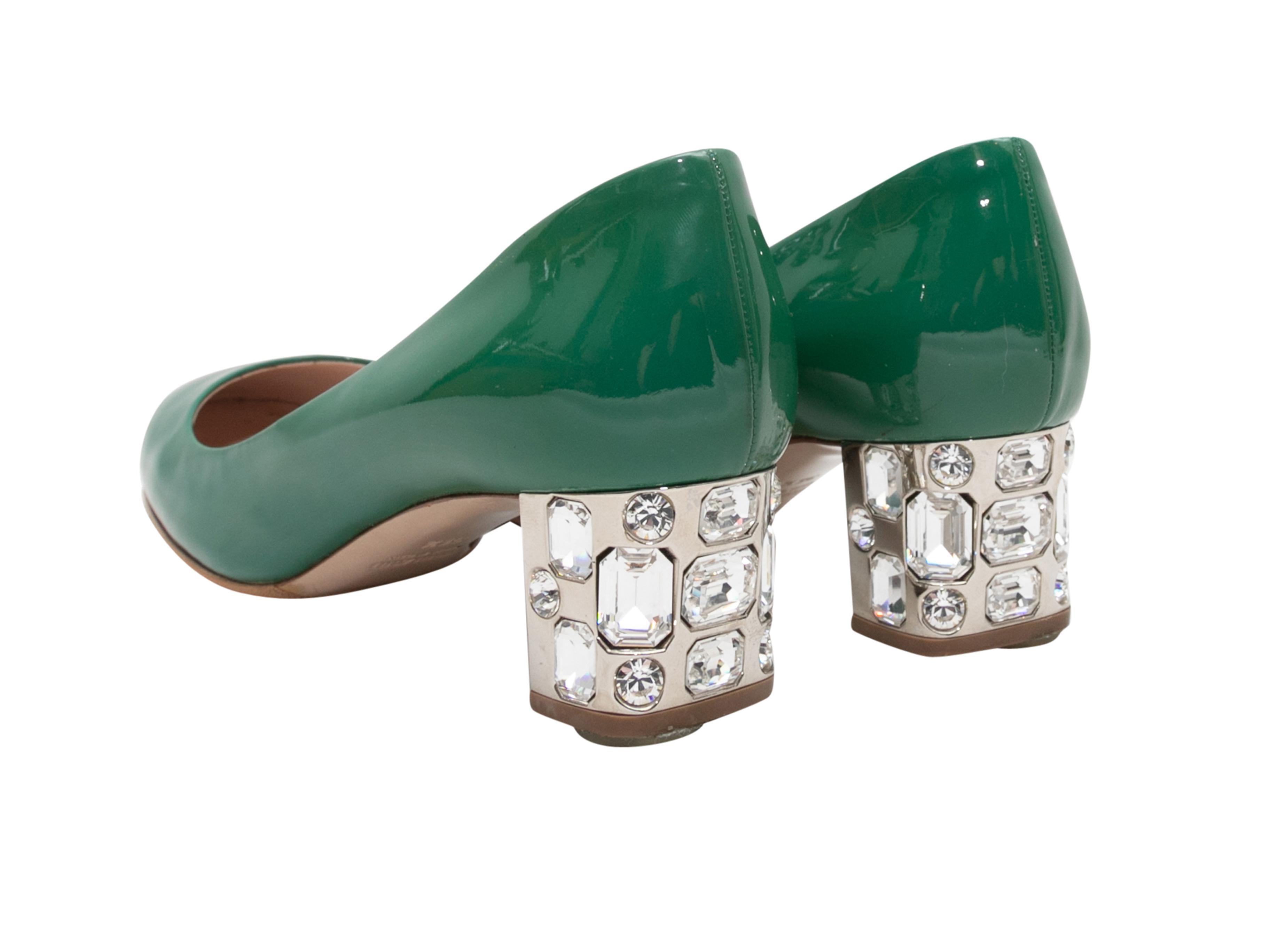 Women's Green Miu Miu Patent Crystal-Embellished Pumps Size 36.5 For Sale