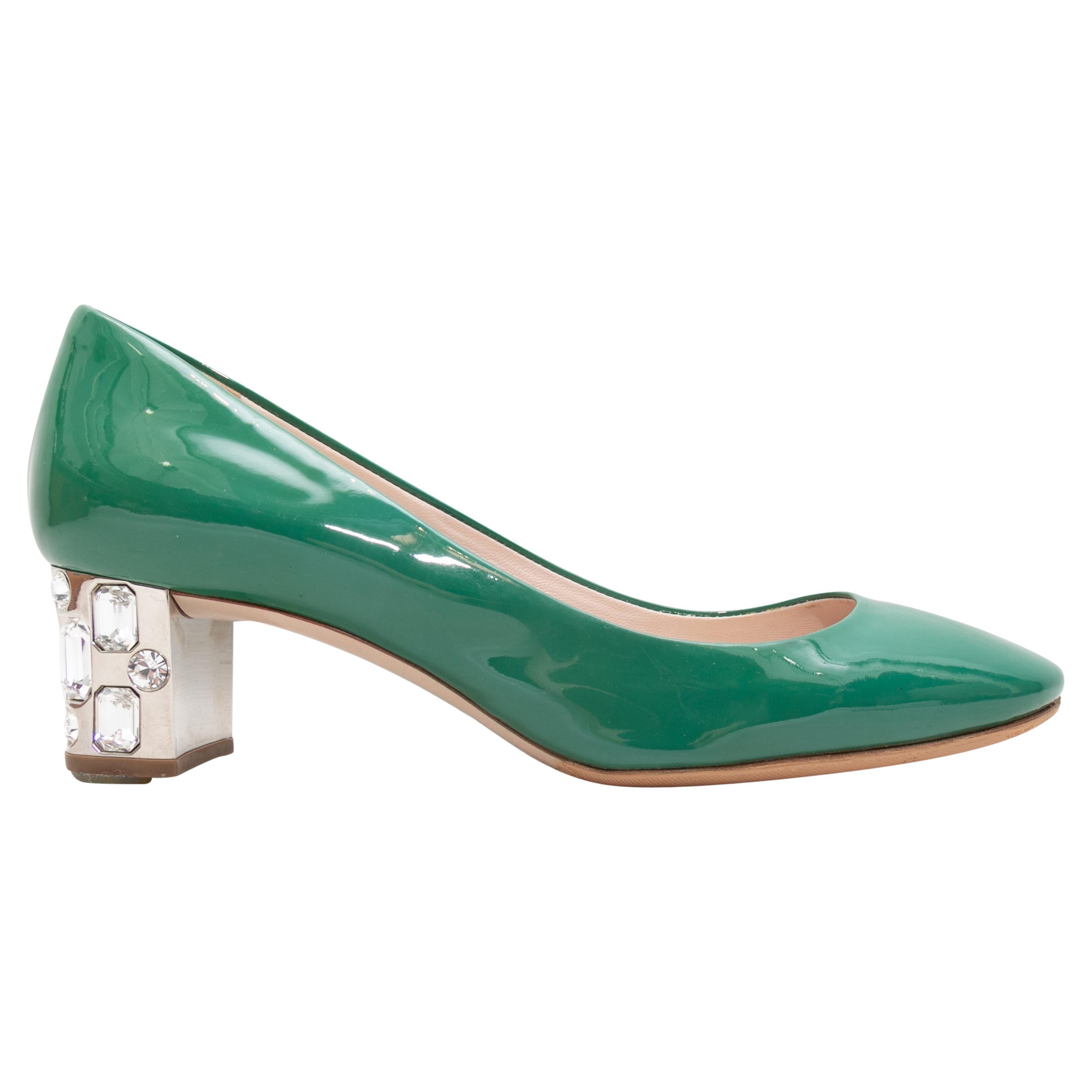 Green Miu Miu Patent Crystal-Embellished Pumps Size 36.5 For Sale