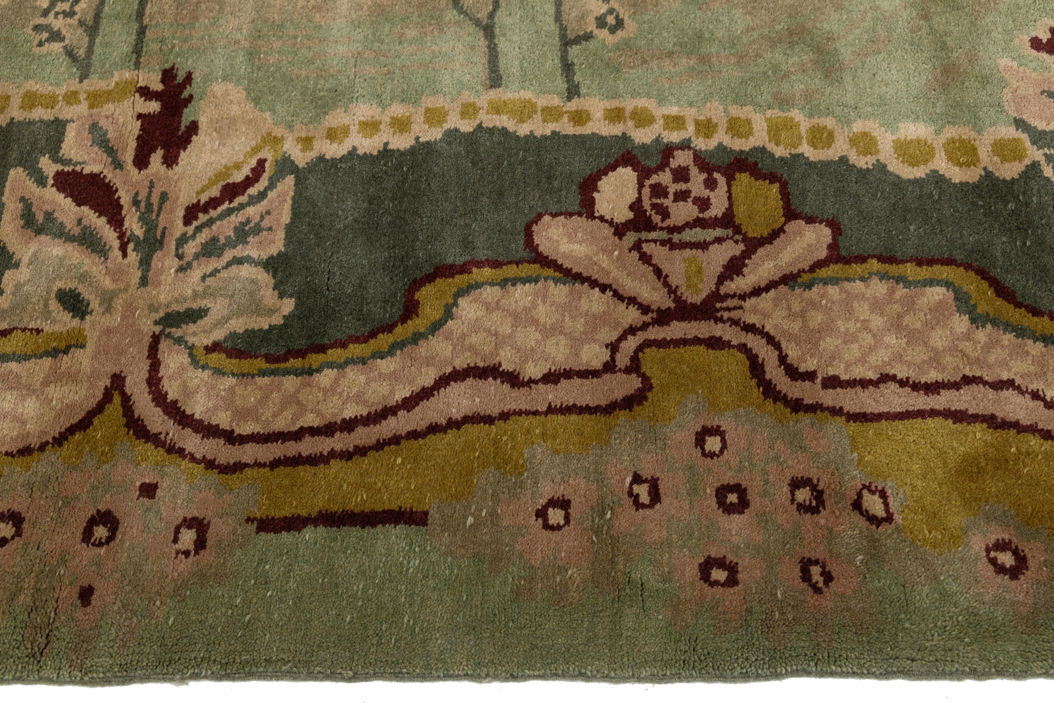 Green Modern Donegal Arts & Crafts Style Handmade Wool Rug For Sale 3