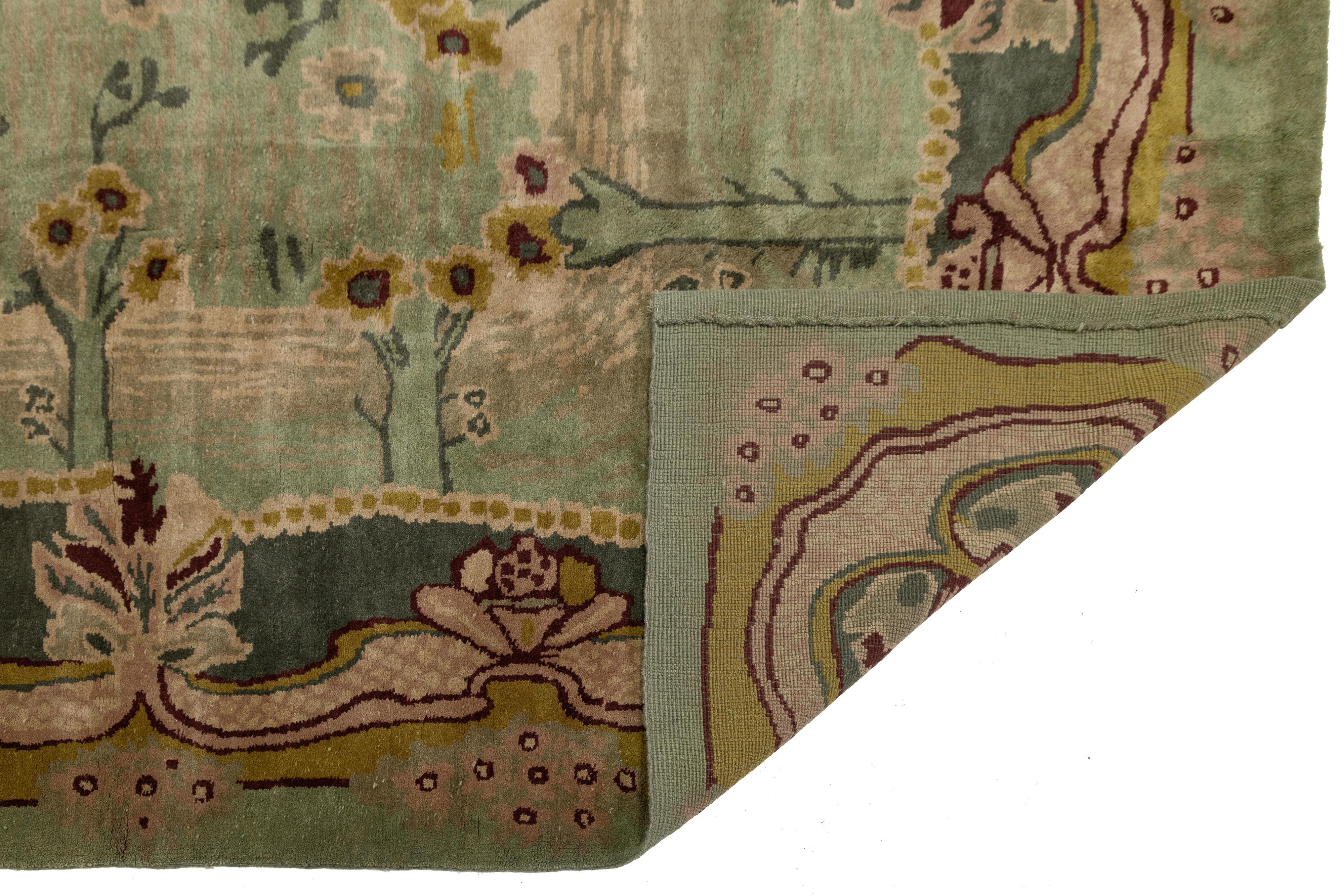Arts and Crafts Green Modern Donegal Arts & Crafts Style Handmade Wool Rug For Sale