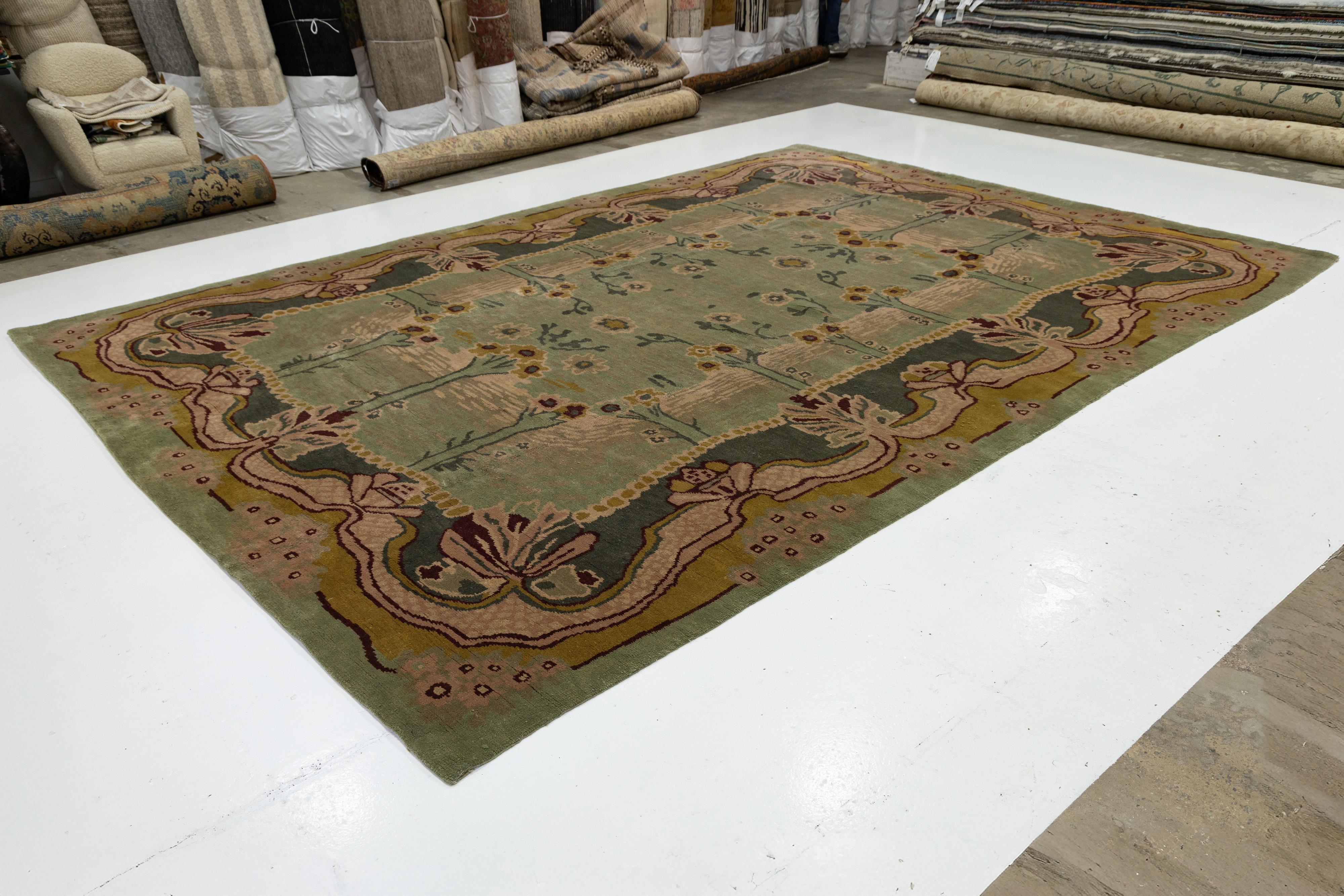 Persian Green Modern Donegal Arts & Crafts Style Handmade Wool Rug For Sale