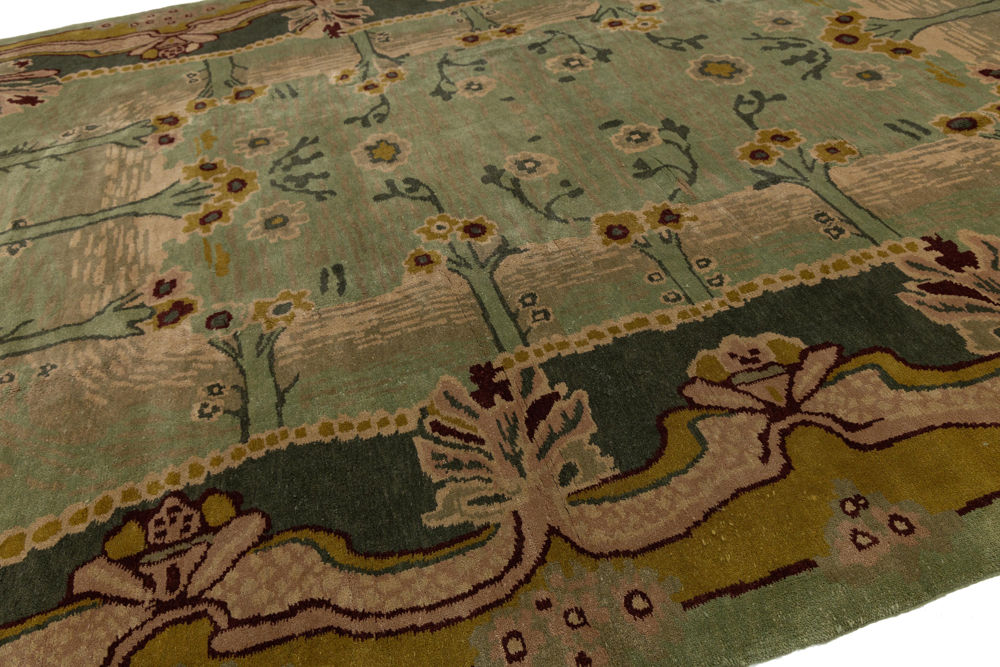 Hand-Knotted Green Modern Donegal Arts & Crafts Style Handmade Wool Rug For Sale
