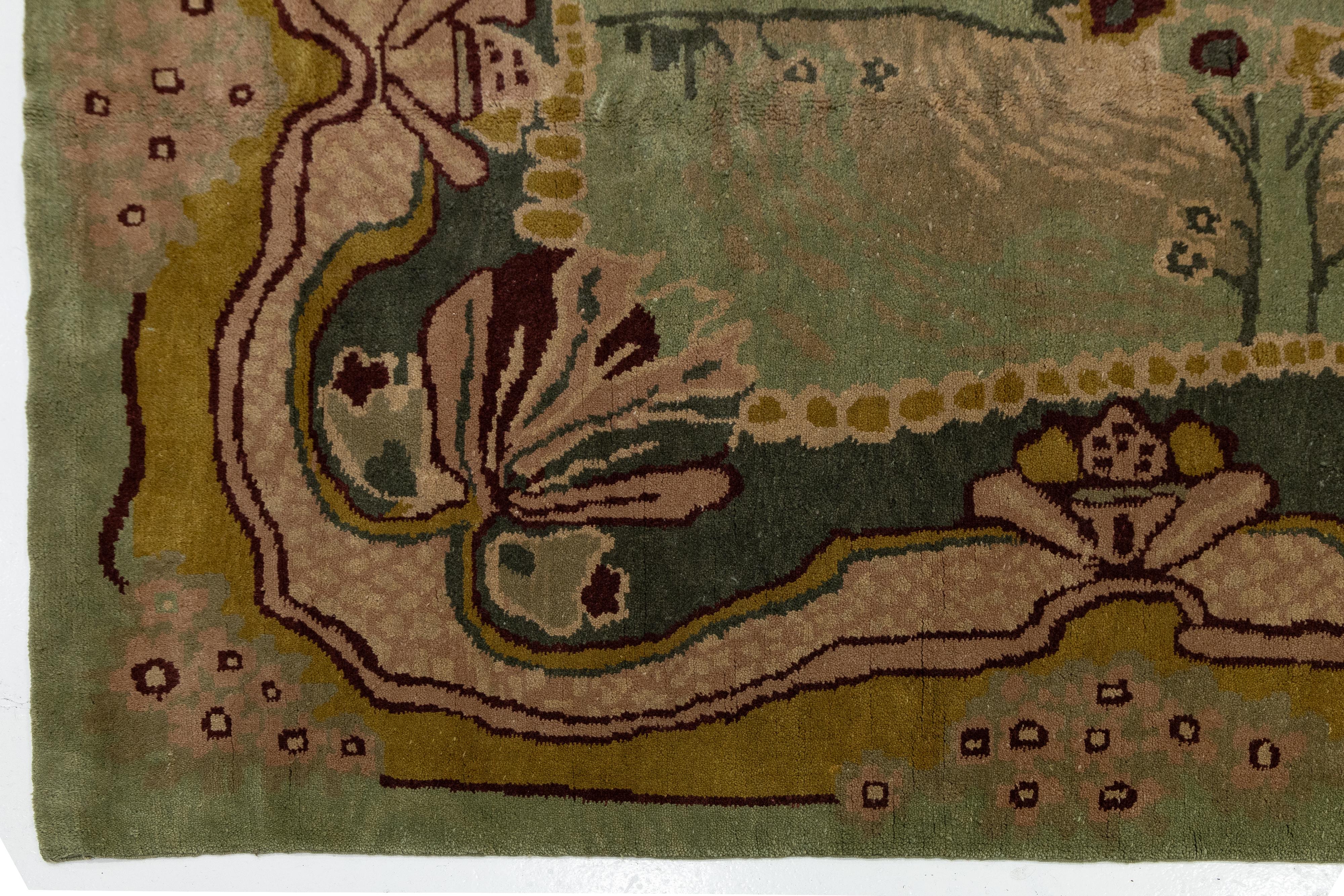 Contemporary Green Modern Donegal Arts & Crafts Style Handmade Wool Rug For Sale
