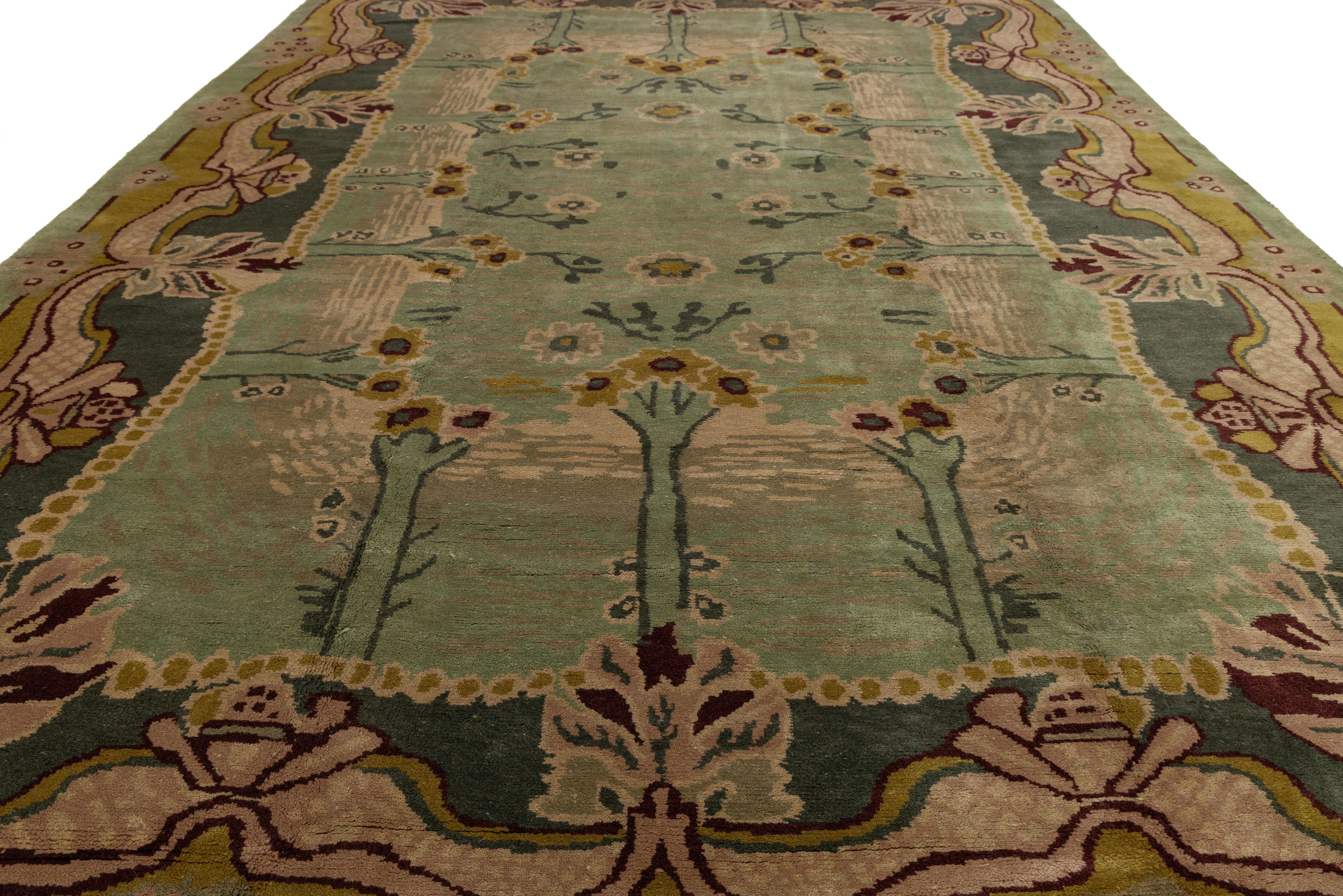 Green Modern Donegal Arts & Crafts Style Handmade Wool Rug For Sale 1