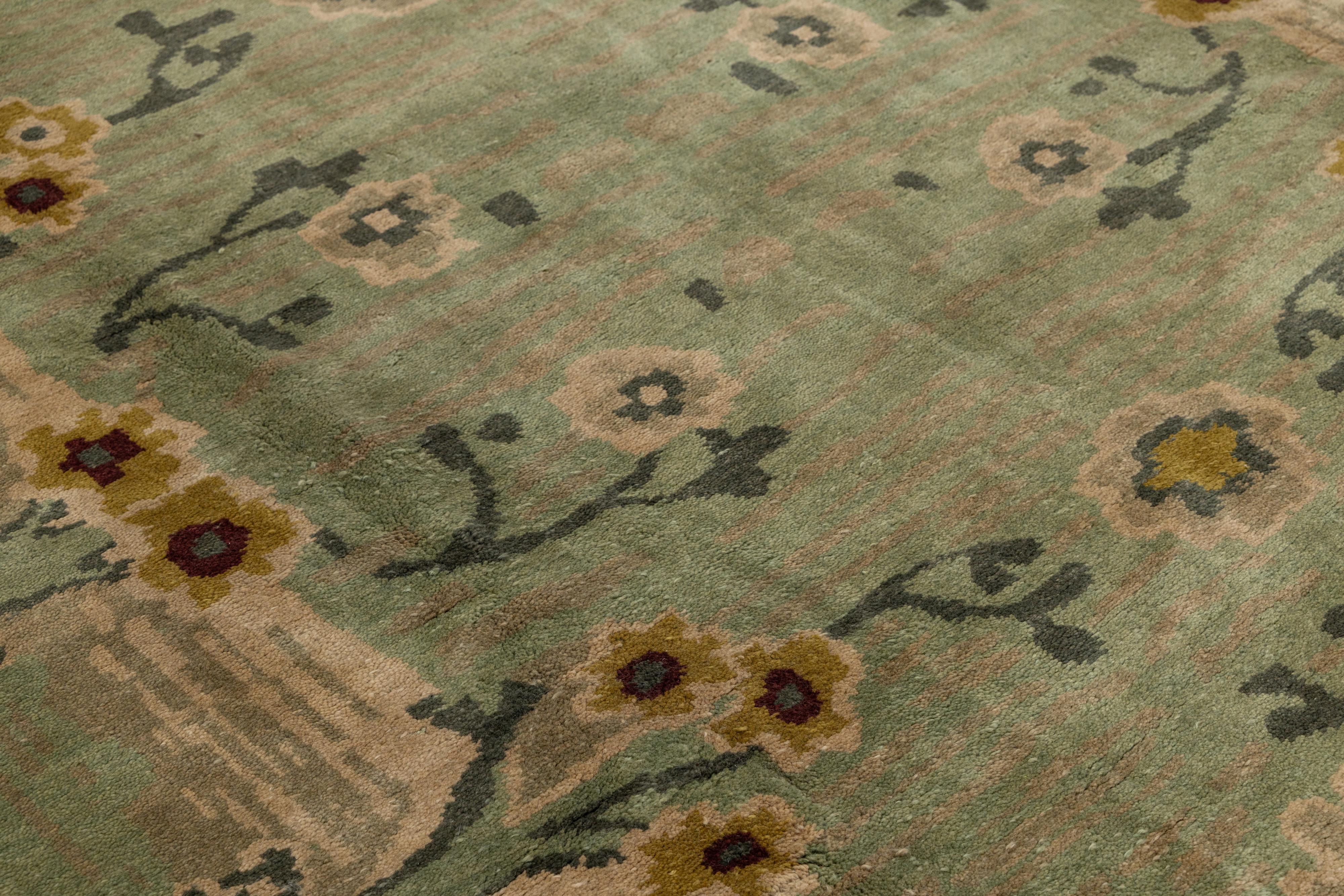 Green Modern Donegal Arts & Crafts Style Handmade Wool Rug For Sale 2
