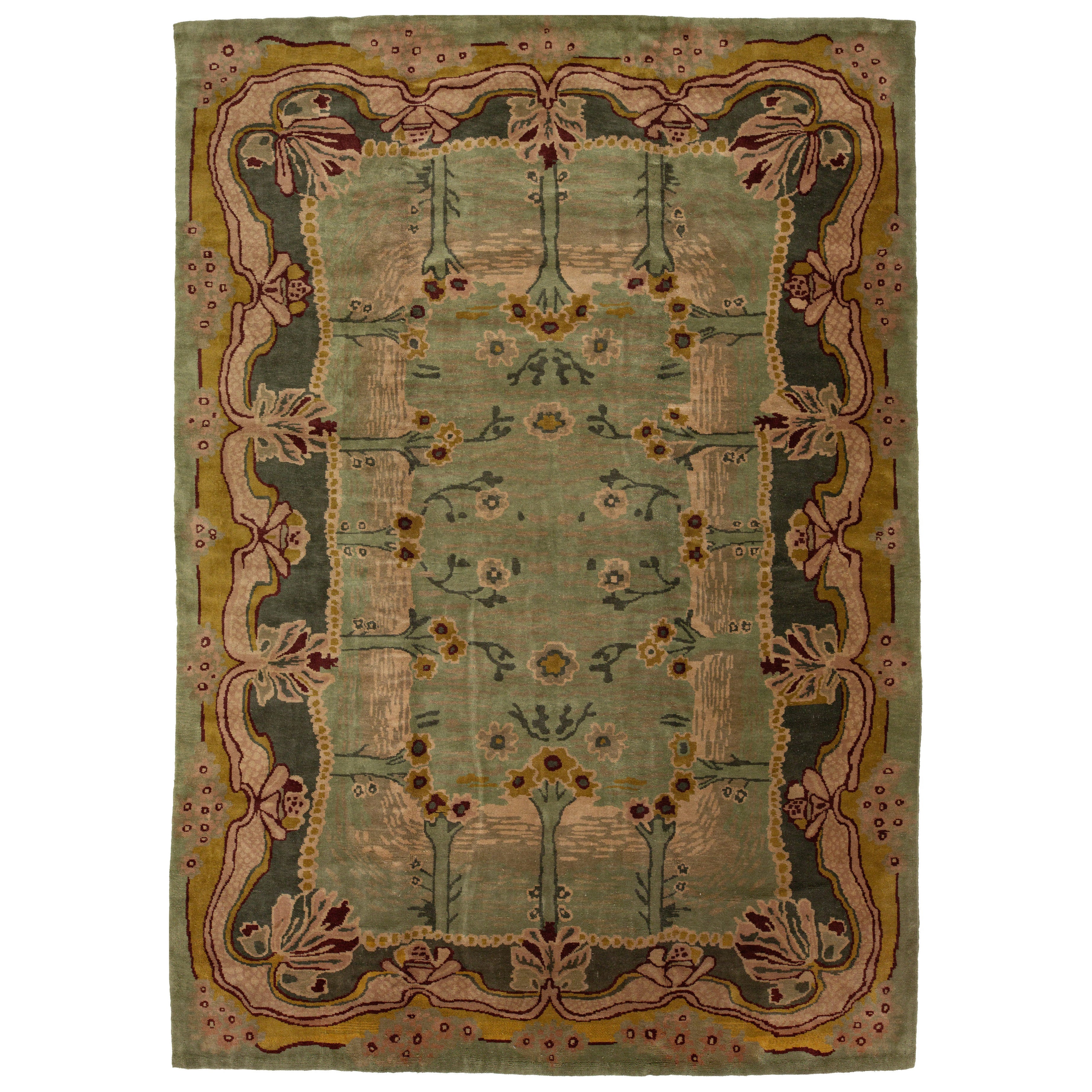Green Modern Donegal Arts & Crafts Style Handmade Wool Rug For Sale