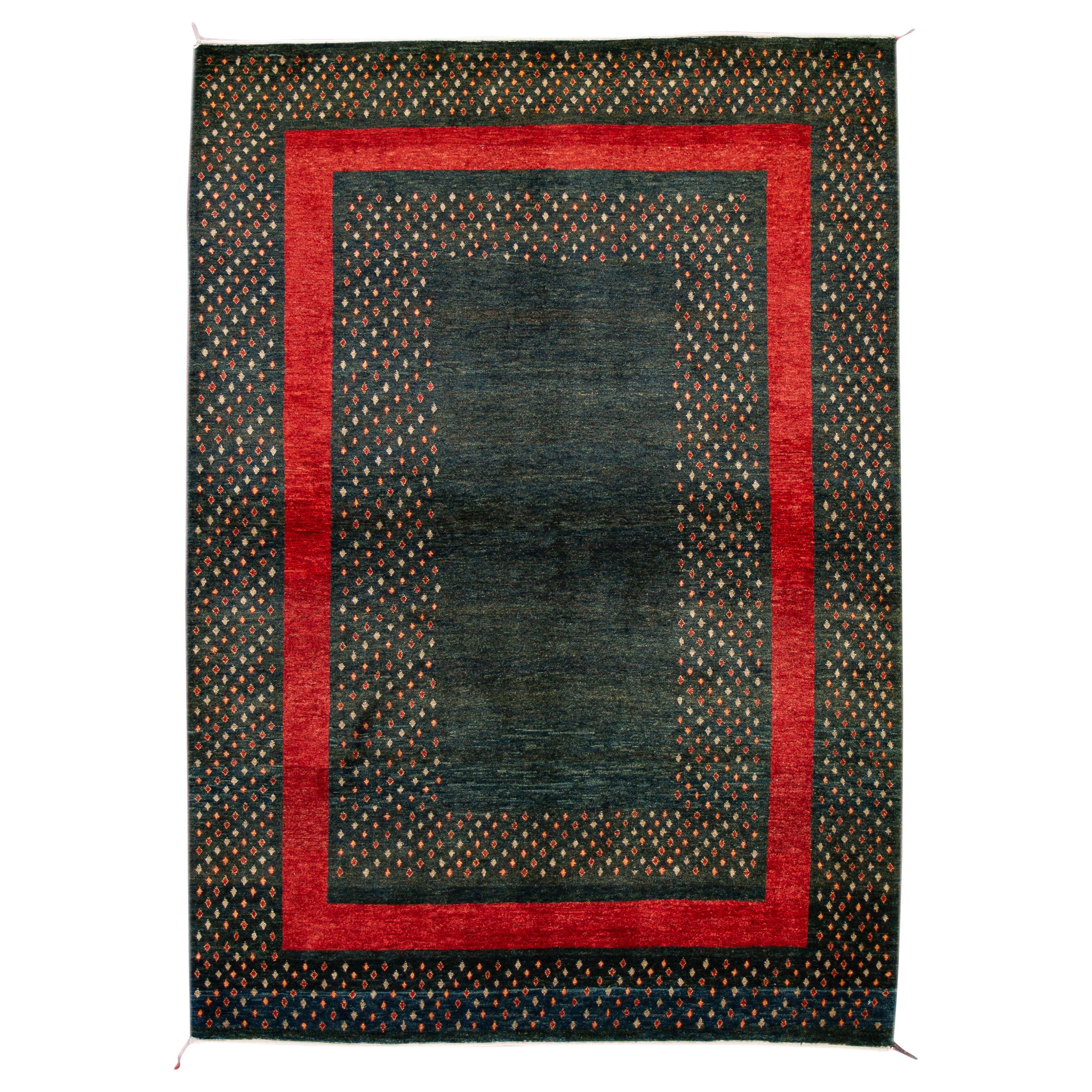 Tapis persan moderne Gabbeh vert en laine fait à la main