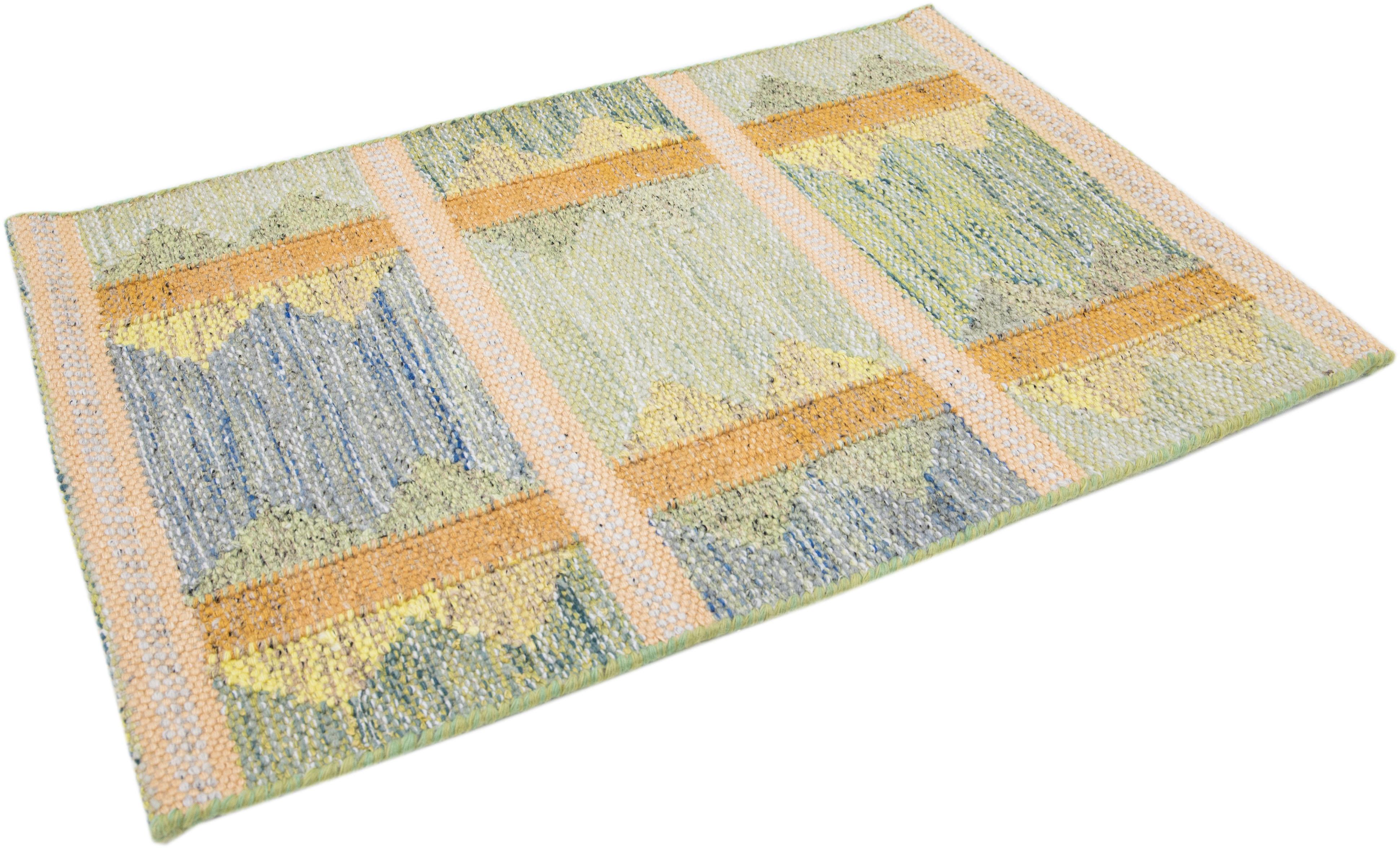 Green Modern Handmade Swedish Style Custom Wool Rug In Distressed Condition For Sale In Norwalk, CT