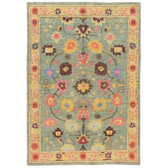 Green Modern Oushak-Style Handmade Floral Wool Rug