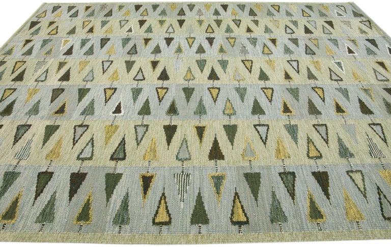 Green Modern Scandinavian Handmade Wool Rug with Geometric Pattern In New Condition For Sale In Norwalk, CT